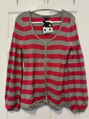 Y2K Rubber Doll Pink and Gray Striped 3 Button V-neck Sweater